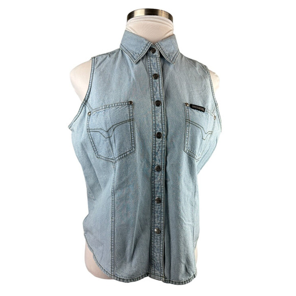 Harley Davidson Denim Vest Sleeveless Button Snap Shirt Blue Women's Size XL - Picture 2 of 12